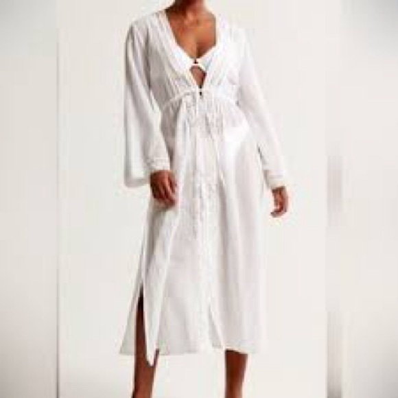 Abercrombie & Fitch Other - Abercrombie & Fitch white swimsuit Long coverup size S/M crochet trim boho beach